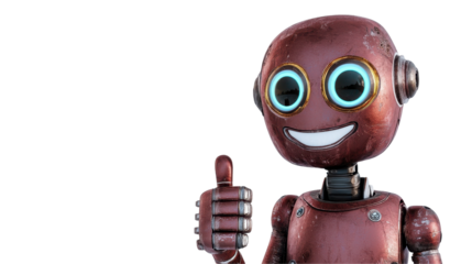 A cheerful robot gives a thumbs up, symbolizing positivity and innovation. transparent background