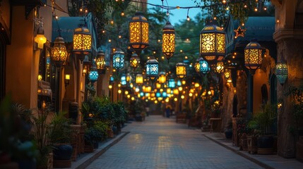 Naklejka premium Enchanted Evening: A Stroll Through a Mystical Lanterns Lit Alley