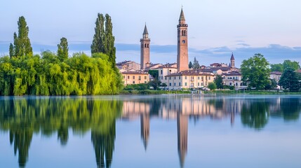 Fototapeta premium Serene Italian Lakeside Town with Twin Towers at Dawn Scenic Reflection