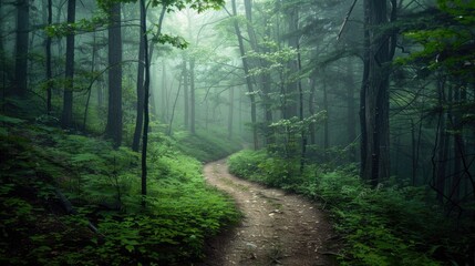 Obraz premium Serene forest path winding through lush greenery and misty atmosphere.
