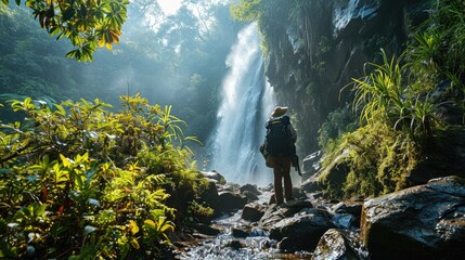 Obraz premium A hiker stands near a waterfall, surrounded by lush greenery and misty sunlight.