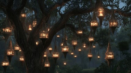 Enchanting Scene of Twinkling Lanterns Hanging from a Majestic Tree in a Mysterious Forest Atmosphere