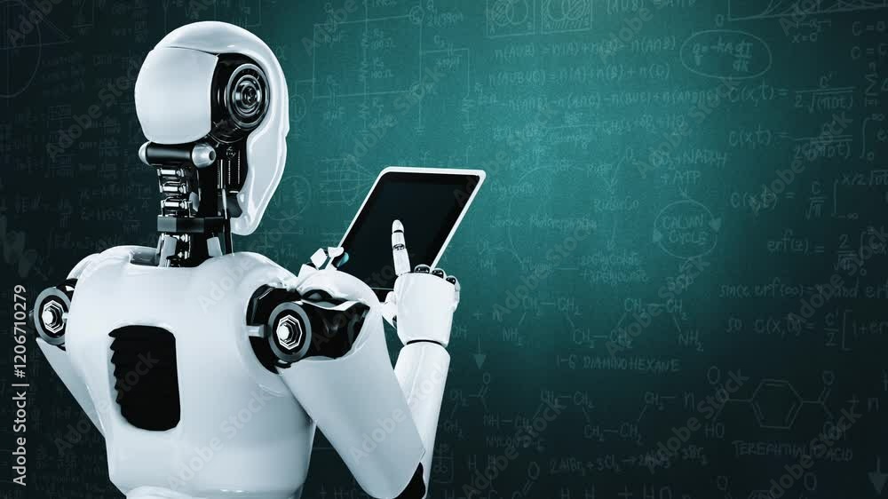 Poster robot hominoid using tablet computer for engineering science studying using ai thinking brain , arti