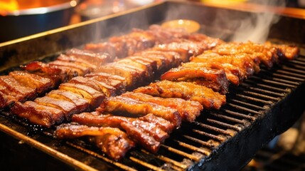 Grilled meats sizzling on a barbecue with smoke rising, showcasing a delicious culinary experience.