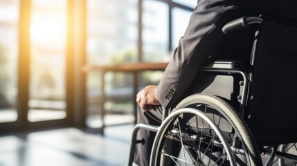 Obraz premium Businessman in a wheelchair, contemplating in a sunlit modern office space.