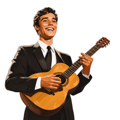 Obraz premium A young man in a suit smiles radiantly while playing an acoustic guitar, conveying joy and musical passion.