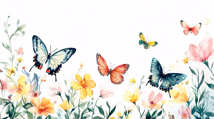 watercolor painting of butterflies and flowers in a garden setting with a white background