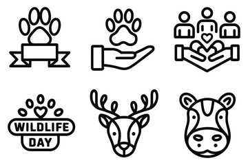 Wildlife Conservation Black Line Icon Set - Minimalistic Animal Awareness Vector Bundle