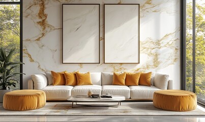 Modern living room, white sofa, marble wall, sunlit