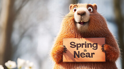 Fototapeta premium cute cartoon groundhog holding sign announcing spring is near in a forest