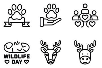Wildlife Conservation Black Line Icon Set - Minimalistic Animal Awareness Vector Bundle
