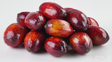 Obraz premium Close-up of a pile of fresh, ripe red palm fruits with glossy skin, showing natural texture and color variations against a white background.