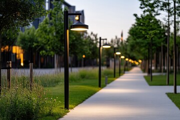 Suburban park with lush greenery, walking paths, and families enjoying a sunny day outdoors.