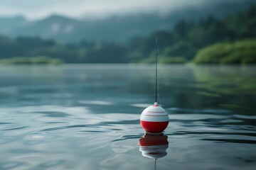 A serene fishing scene with a red and white bobber floating on a calm lake, surrounded by misty mountains and lush green foliage.