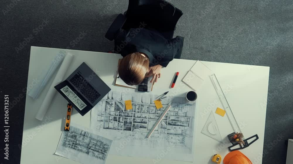Poster architect engineer working while working on laptop with sticky notes and calculator to design buildi