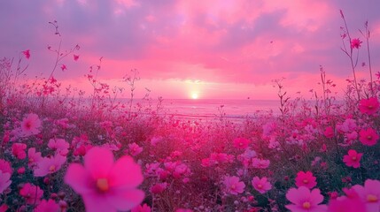 Serene Beach Sunset with Vibrant Pink Sky and Summer Blooms