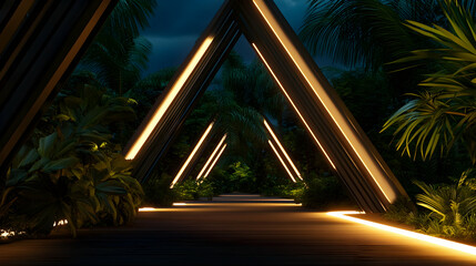 Illuminated pathway through tropical garden at night; relaxing resort ambiance, ideal for travel brochures