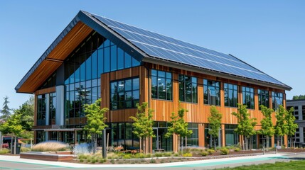 Fototapeta premium Stunning Modern Sustainable Office Building with Solar Panels