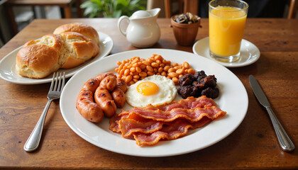 Delicious breakfast plate with sausages, bacon, eggs, and beans