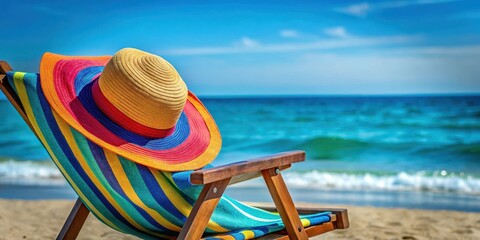 A blue towel is draped over a beach chair with a colorful hat lying next to it, summertime fun, tropical decor