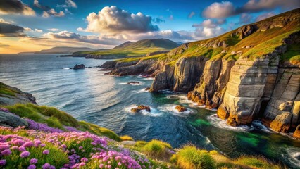 Dramatic cliffs with wildflowers and a rugged coastline in Connemara National Park Ireland landscape photography, national park, coastline