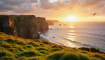 Cliffside sunset over ocean with grassy foreground and birds