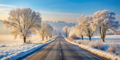 Obraz premium A serene winter landscape with a snow-covered road stretching into the distance, lined with bare trees and surrounded by frosty hills, frost, isolated location
