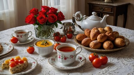 very nicely prepared breakfast table