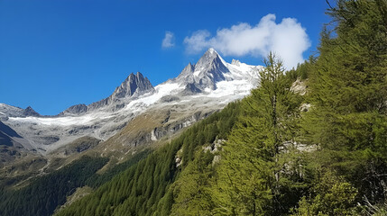 Obraz premium Majestic alpine peak, snow-capped, sunny day, coniferous forest foreground, travel poster