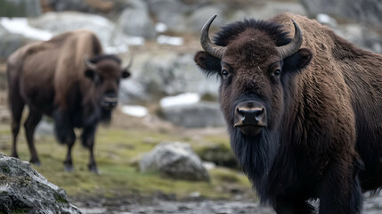 Fototapeta premium Majestic bison stare, snowy mountain backdrop, wildlife conservation