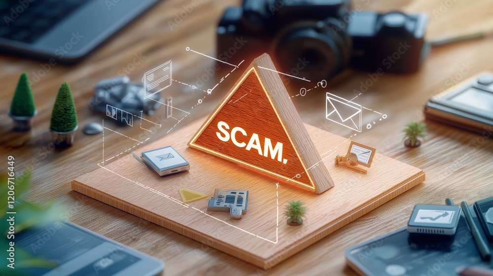 Poster creative representation of online scam concept with pyramid model and various digital elements on de