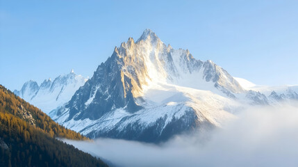 Obraz premium Majestic snow-capped mountain peak at sunrise, valley fog, autumnal trees, alpine landscape, travel poster