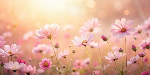 Naklejka premium Soft Pink Floral Field with Gentle Breeze , flower landscape, natural light, flower landscape