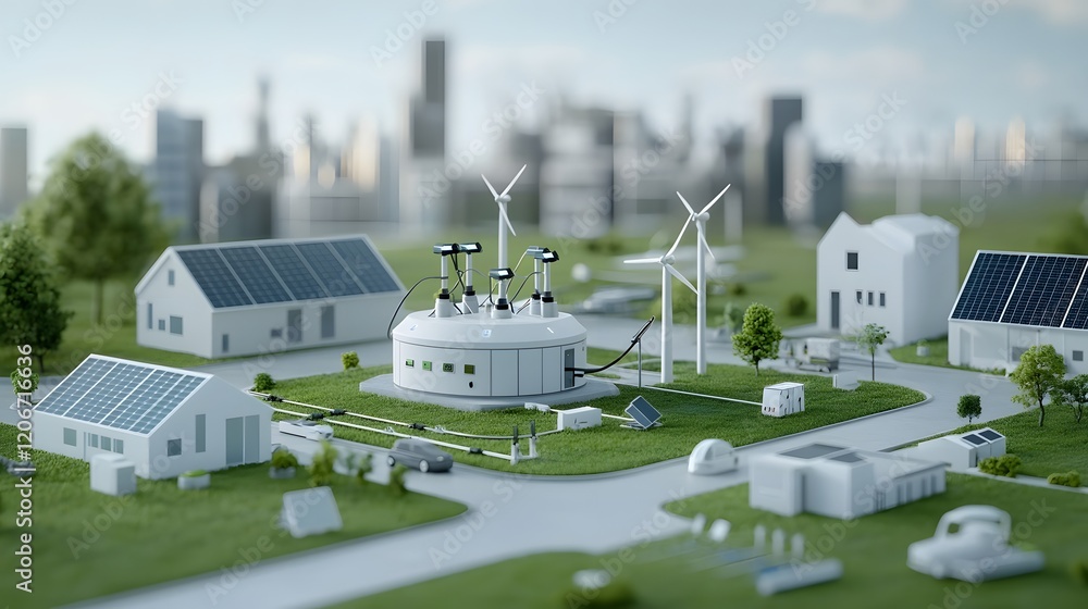 Aufkleber Advanced energy system hub visualizing the centralized management and distribution of solar wind and hydroelectric power to urban and suburban zones in a modern eco friendly
