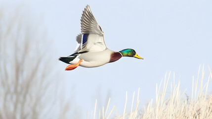 Obraz premium Male mallard duck in flight over frosted grass, winter scene, wildlife photography