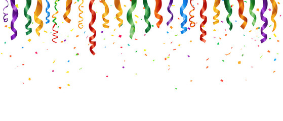 Fototapeta premium Rainbow colored paper and ribbons fall. Multicolored rainbow confetti and party ribbons PNG transparent