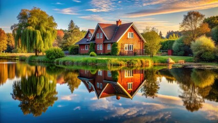 Obraz premium Cozy red brick house in countryside near serene lake with mirror reflection, warm colors