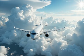 Airplane Soaring Above Fluffy Clouds In Bright Sky