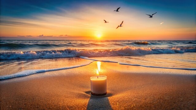 A serene votive candle sitting atop a warm sandy beach at sunset surrounded by gentle ocean waves and a few seagulls flying overhead, sunset, seagulls