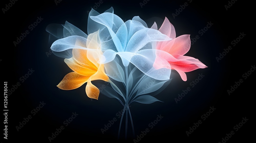 Poster beautifully rendered glowing flowers in vibrant and captivating colors with soft lighting against a 