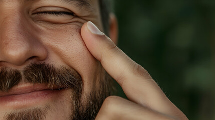 Obraz premium Man touching face, smiling outdoors, green background, skincare ad