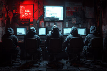 Cybersecurity team working in dark room with multiple screens, focused on mitigation strategies. atmosphere is intense, illuminated by red lights