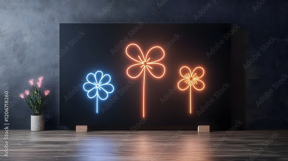 Poster captivating digital artwork showcasing a modern interpretation of glowing neon flowers set against a