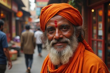 An Elderly Holy Man In An Orange Turban Smiles