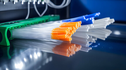 Medical tubing production, factory floor, organized bundles, clean reflective surface, industrial process