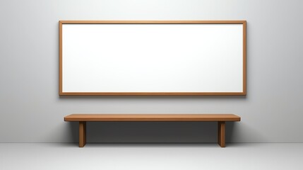 Obraz premium A minimalist wall design featuring a blank white board framed in wood above a simple wooden bench.