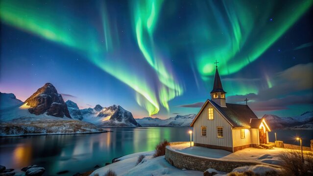 Breathtaking Aurora Borealis Display Over Hamn?y Church, church, fjord,  church, fjord, northern lights
