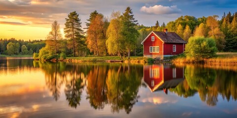 Rustic red house by serene lake at sunset with trees reflecting in water , red, scenery,  red, scenery, rustic, trees