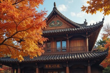 Autumn Leaves Frame a Traditional Wooden Chinese Pavilion