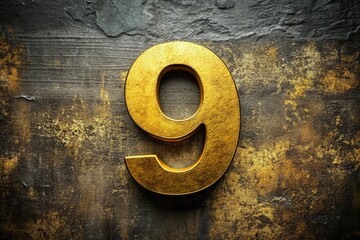 Bold Gold Number Nine on Distressed Metal Background - Artistic Design Element